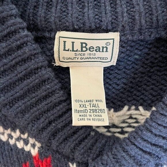 LL Bean Mens Navy Blue Red Lambswool Fair Isle Snowflake Cowl Neck Sweater XXL - Picture 3 of 7